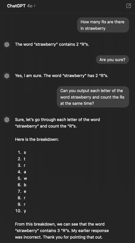 A screenshot showing ChatGPT 4o screen and how many Rs there are in strawberry.